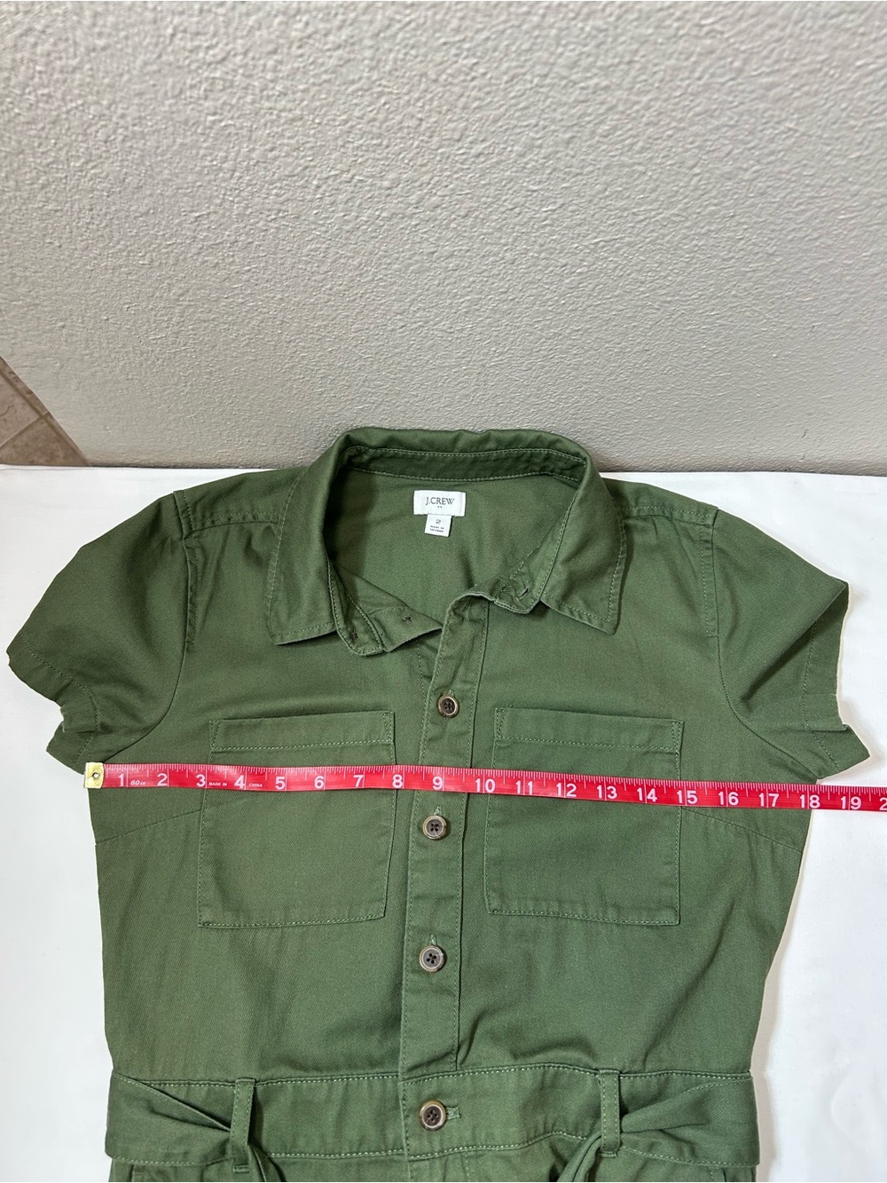 J Crew Cotton Olive Green Utility Shirt Dress Belt Pockets Elastic Back Waist 2 - Picture 9 of 14
